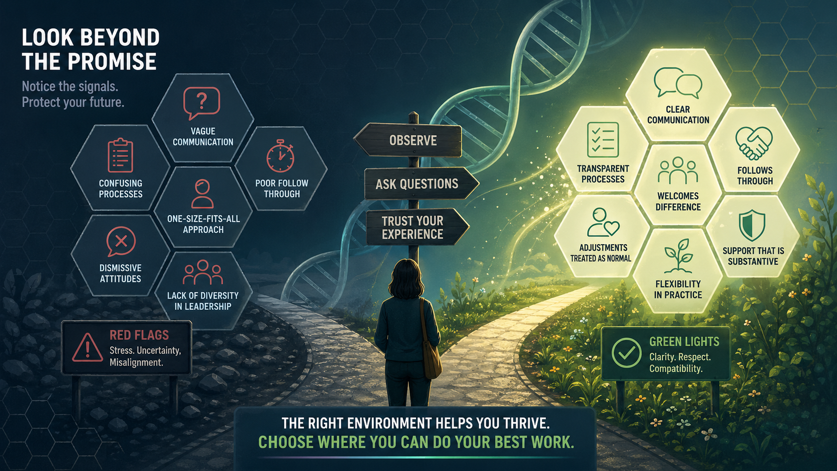 A person standing at a decision point between two workplace paths, one unclear and rigid, the other clear, flexible, and supportive, representing how candidates can assess workplace fit before accepting a role.